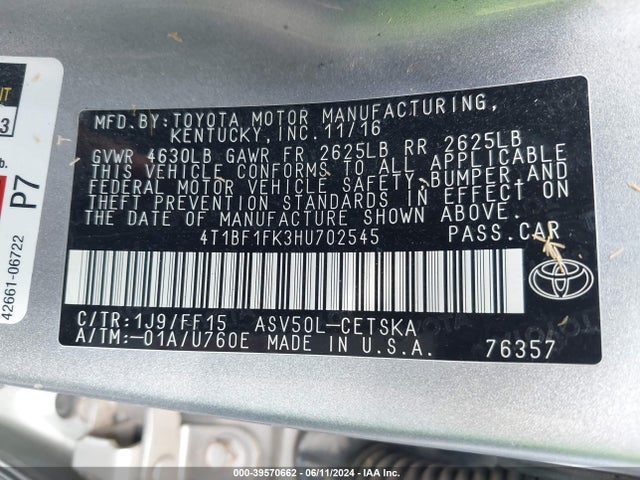 Toyota CAMRY SE 2017 4T1BF1FK3HU702545 Image 9