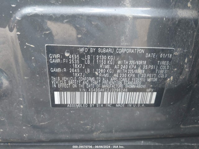 Subaru Outback 2.5i Limited 2018 4S4BSAKC2J3296246 Image 9