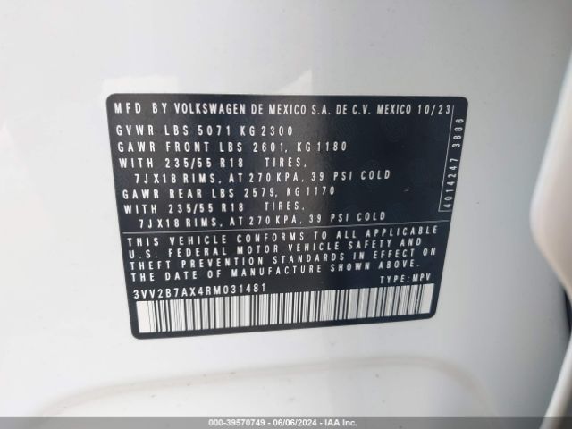 3VV2B7AX4RM031481 Volkswagen Tiguan 2.0t Se