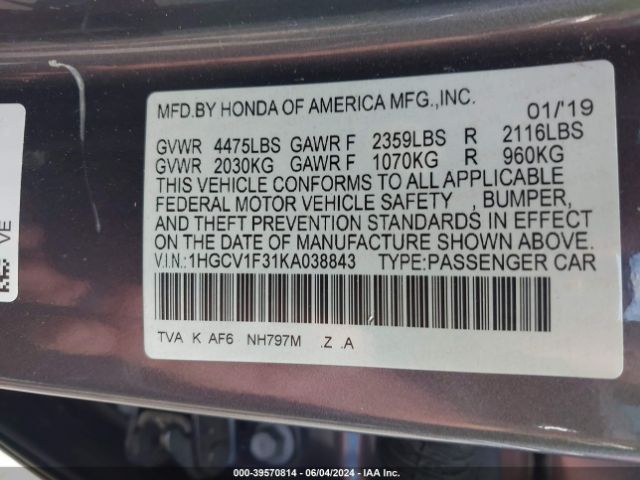1HGCV1F31KA038843 Honda Accord Sport
