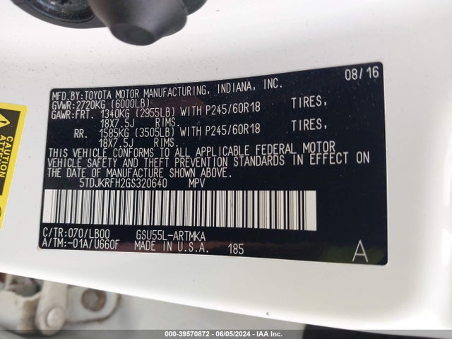 Toyota Highlander Xle V6 2016 5TDJKRFH2GS320640 Image 9