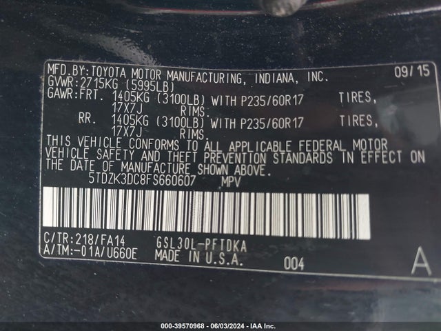 Toyota Sienna L 7 Passenger 2015 5TDZK3DC8FS660607 Image 9