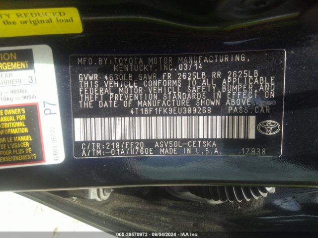 4T1BF1FK9EU389268 Toyota CAMRY SE