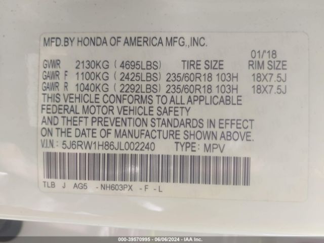 5J6RW1H86JL002240 Honda Cr-v Ex-l/ex-l Navi