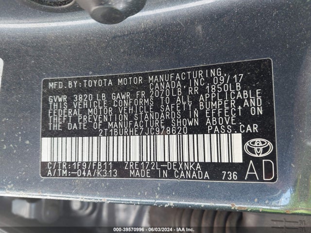 Toyota COROLLA LE 2018 2T1BURHE7JC978620 Image 9