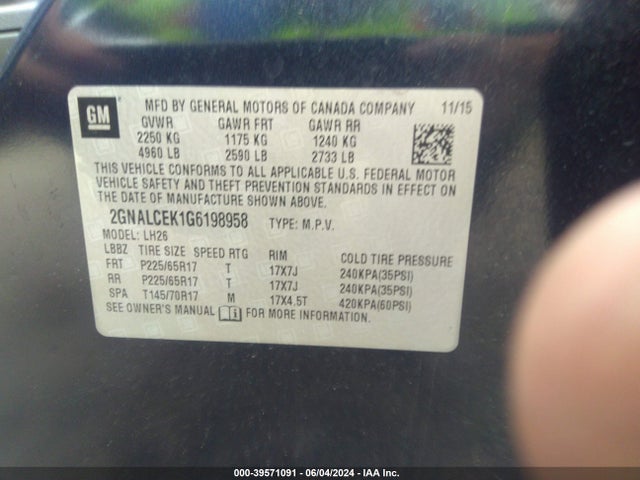 Chevrolet EQUINOX LT 2016 2GNALCEK1G6198958 Image 9