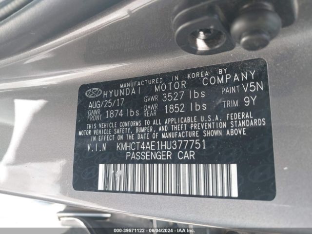 KMHCT4AE1HU377751 Hyundai ACCENT SE