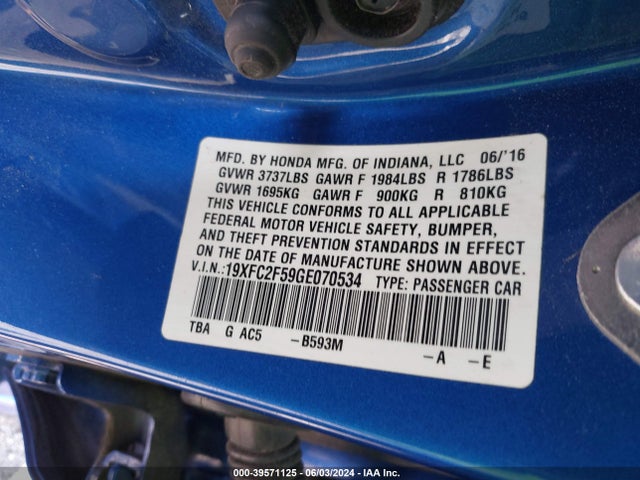 Honda Civic Lx 2016 19XFC2F59GE070534 Image 9