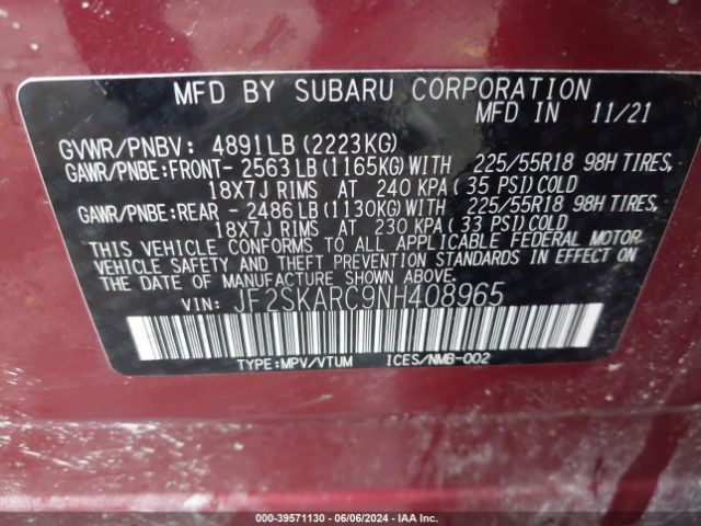 JF2SKARC9NH408965 Subaru Forester Touring