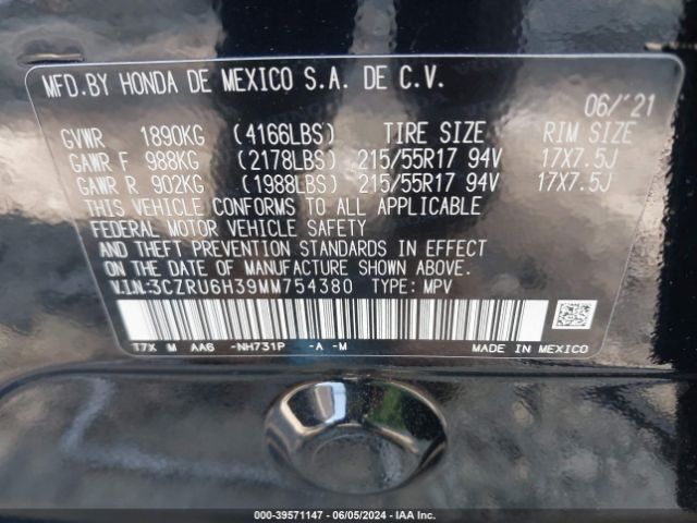 3CZRU6H39MM754380 Honda Hr-v Awd Lx