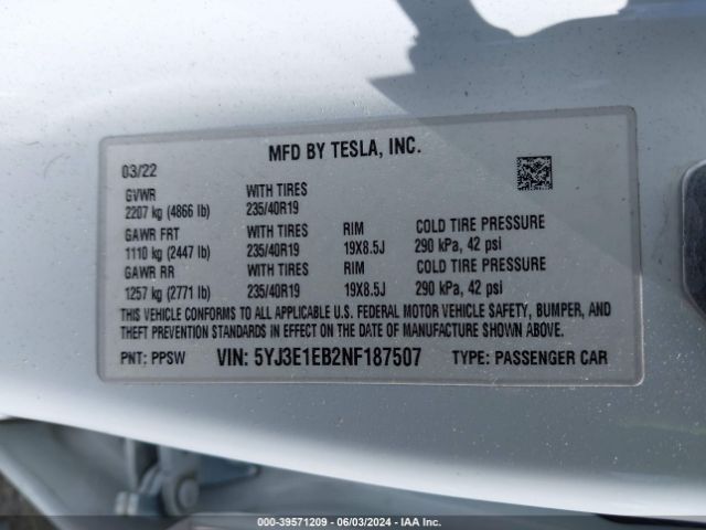 5YJ3E1EB2NF187507 Tesla Model 3 Long Range Dual Motor All-wheel Drive