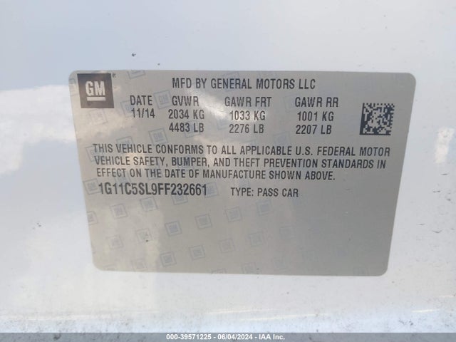 Chevrolet MALIBU 1LT 2015 1G11C5SL9FF232661 Image 9
