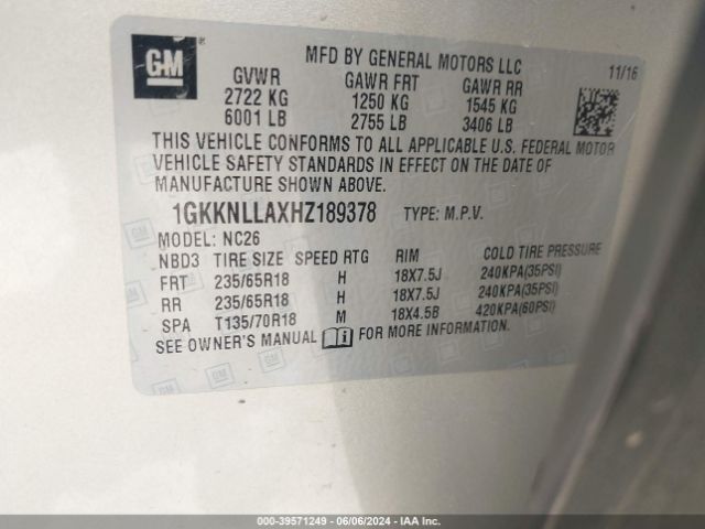 1GKKNLLAXHZ189378 GMC Acadia Sle-2