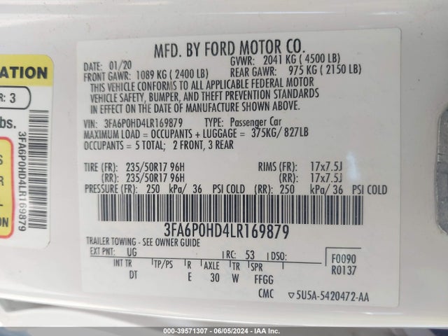 Ford FUSION SE 2020 3FA6P0HD4LR169879 Image 9