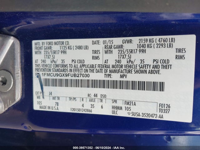 Ford ESCAPE SE 2015 1FMCU9GX9FUB27030 Image 9