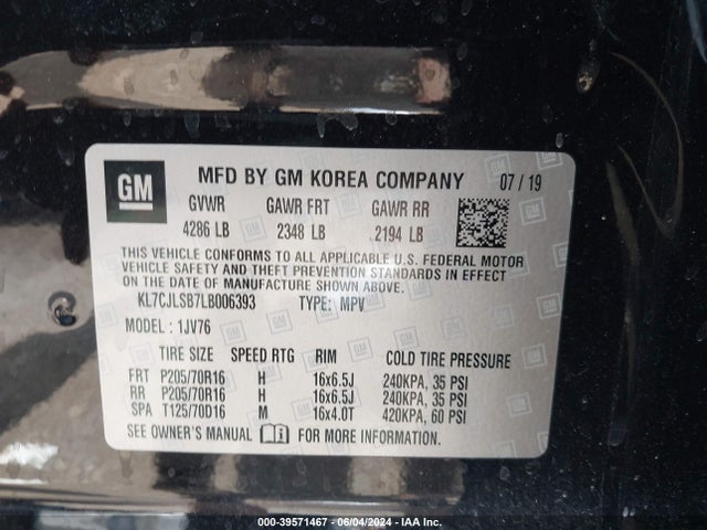 Chevrolet Trax Fwd Lt 2020 KL7CJLSB7LB006393 Image 9