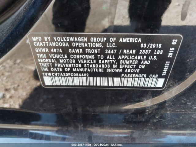 1VWCV7A33FC084402 Volkswagen Passat 2.0l Tdi Sel Premium