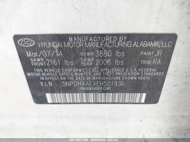 Hyundai ELANTRA SE 2014 5NPDH4AEXEH501936 Image 9