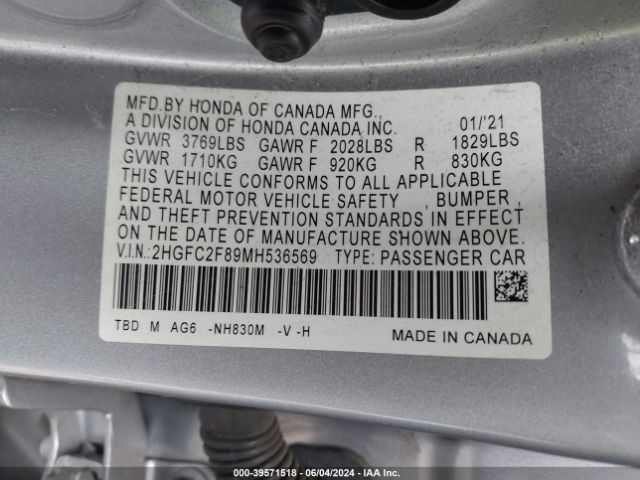 2HGFC2F89MH536569 Honda Civic Sport