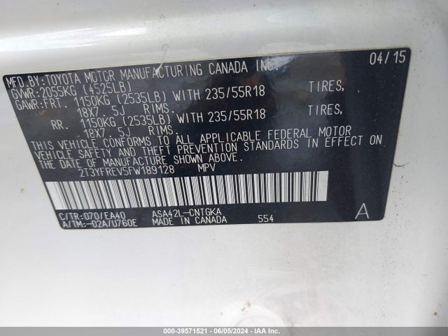 Toyota Rav4 Limited 2015 2T3YFREV5FW189128 Image 9