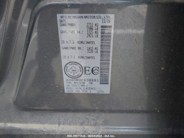 5N1DR2MM5HC638881 Nissan Pathfinder Platinum/s/sl/sv