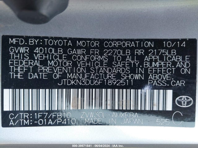 Toyota Prius Two 2015 JTDKN3DU6F1892511 Image 9