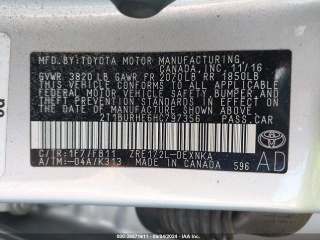 2T1BURHE6HC797356 Toyota COROLLA LE