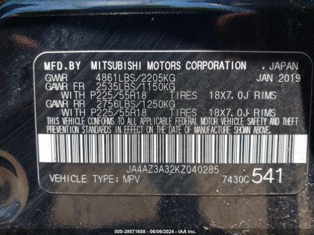 JA4AZ3A32KZ040285 Mitsubishi Outlander Sel