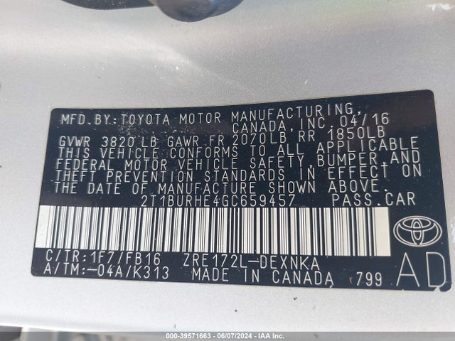 Toyota COROLLA LE 2016 2T1BURHE4GC659457 Image 9