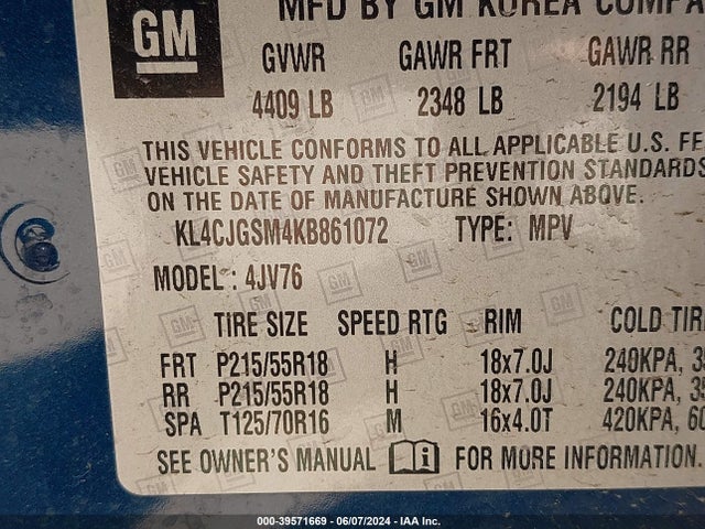 KL4CJGSM4KB861072 Buick Encore Awd Essence