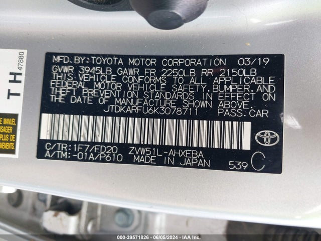 Toyota Prius Le 2019 JTDKARFU6K3078711 Image 9