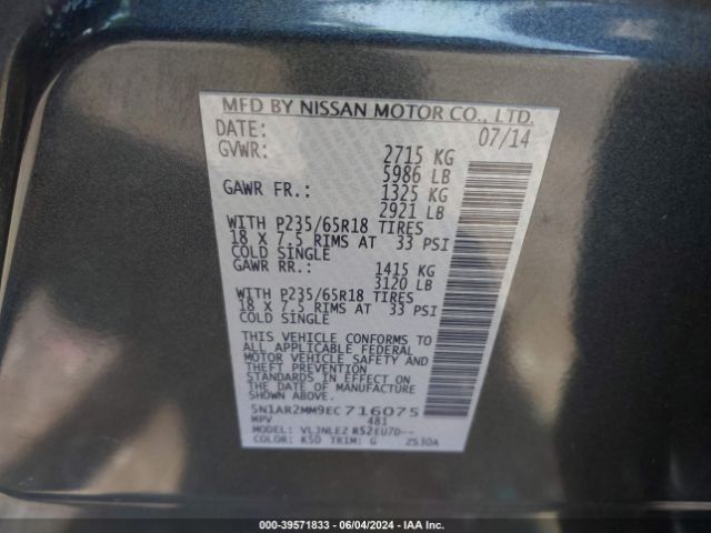 5N1AR2MM9EC716075 Nissan Pathfinder Platinum/s/sl/sv