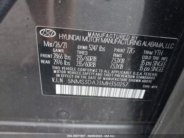 Hyundai Santa Fe Sel 2021 5NMS3DAJ3MH350257 Image 9