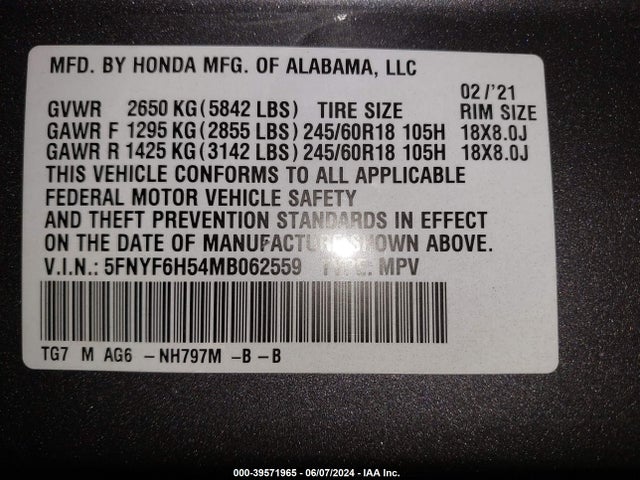 Honda Pilot Awd Ex-l 2021 5FNYF6H54MB062559 Image 9