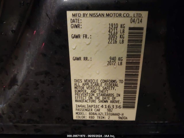 Nissan Altima 2.5 Sl 2014 1N4AL3AP1EC416336 Image 9
