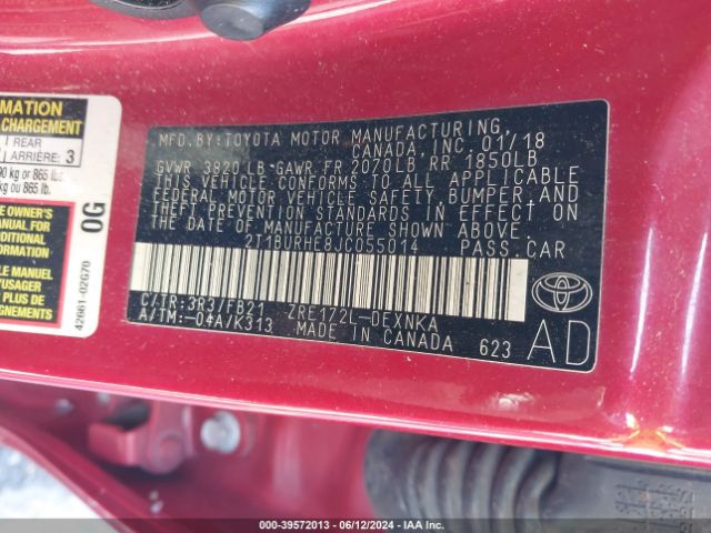 2T1BURHE8JC055014 Toyota COROLLA LE