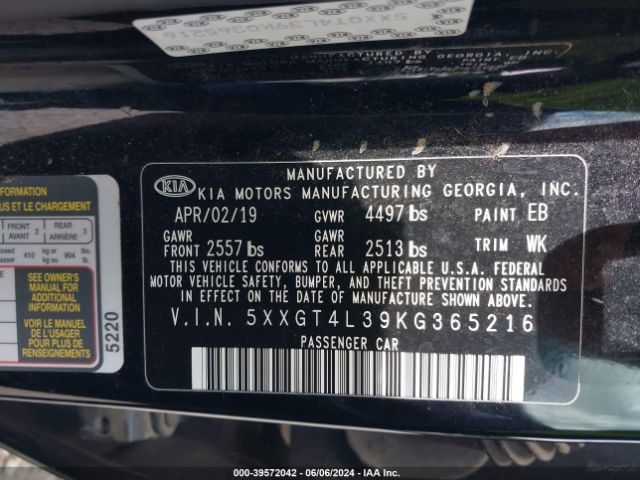 5XXGT4L39KG365216 KIA Optima Lx