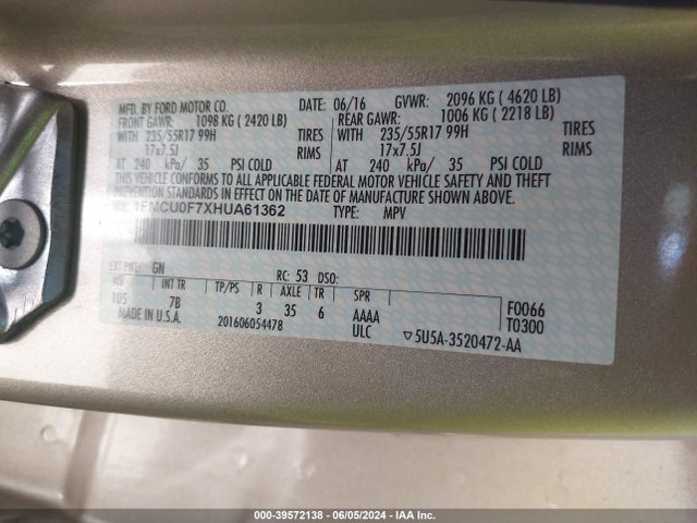 Ford ESCAPE S 2017 1FMCU0F7XHUA61362 Image 9