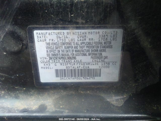 3N1CN7AP0GL906295 Nissan Versa 1.6 S