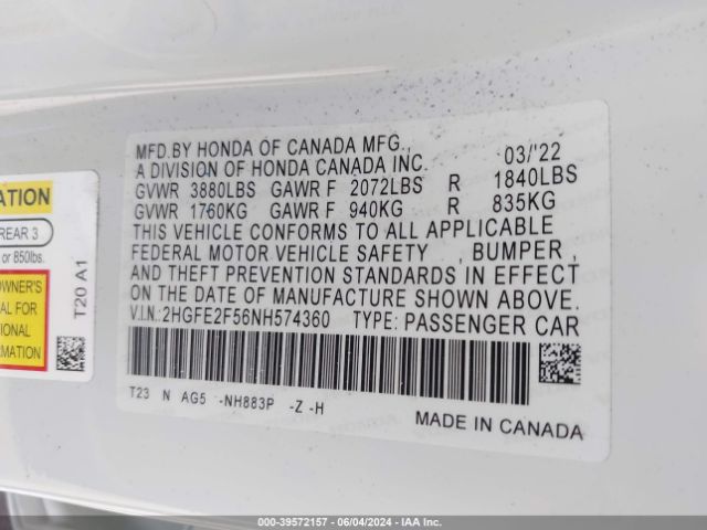 2HGFE2F56NH574360 Honda Civic Sport