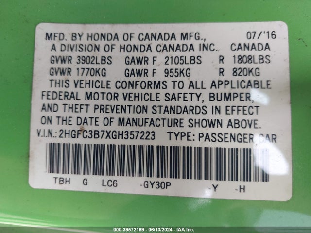 Honda Civic Ex-l 2016 2HGFC3B7XGH357223 Image 9