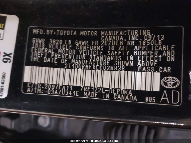 Toyota COROLLA L 2014 2T1BURHEXEC028838 Image 9