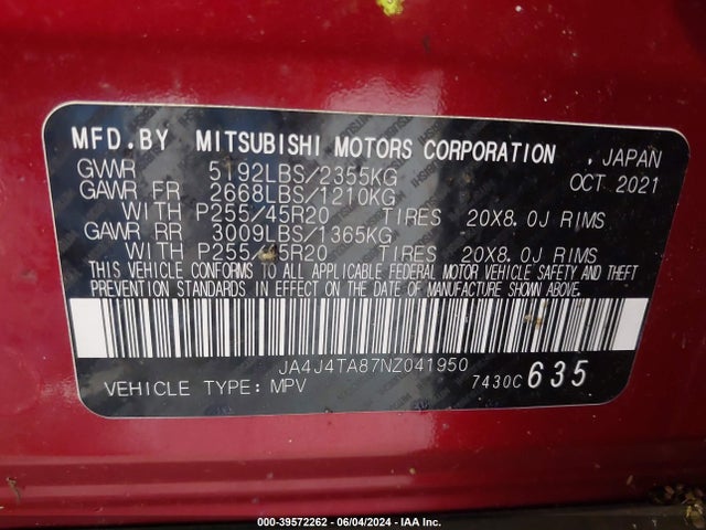 JA4J4TA87NZ041950 Mitsubishi Outlander Es 2.5 S-awc