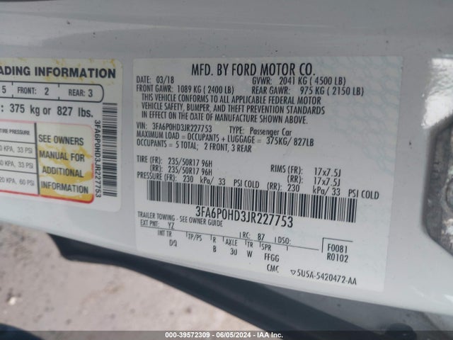 Ford FUSION SE 2018 3FA6P0HD3JR227753 Image 9