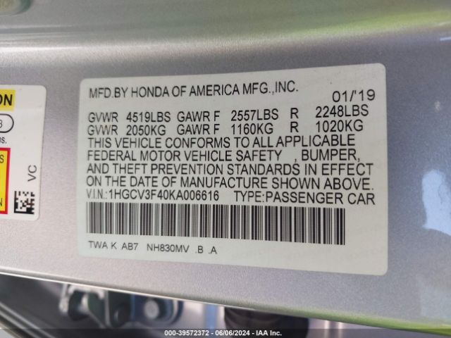 1HGCV3F40KA006616 Honda Accord Hybrid Ex