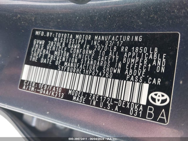 Toyota COROLLA L 2017 5YFBURHE1HP674760 Image 9