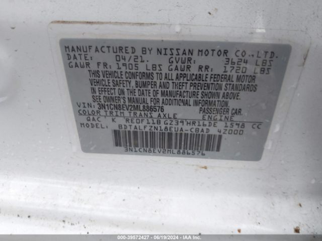 3N1CN8EV2ML886576 Nissan Versa Sv Xtronic Cvt