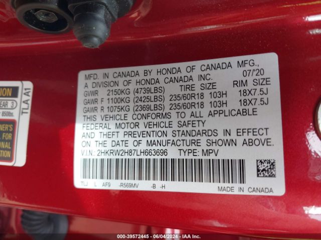 2HKRW2H87LH663696 Honda Cr-v Awd Ex-l