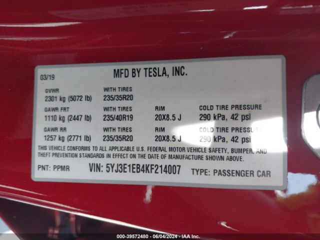 5YJ3E1EB4KF214007 Tesla Model 3 Long Range/performance