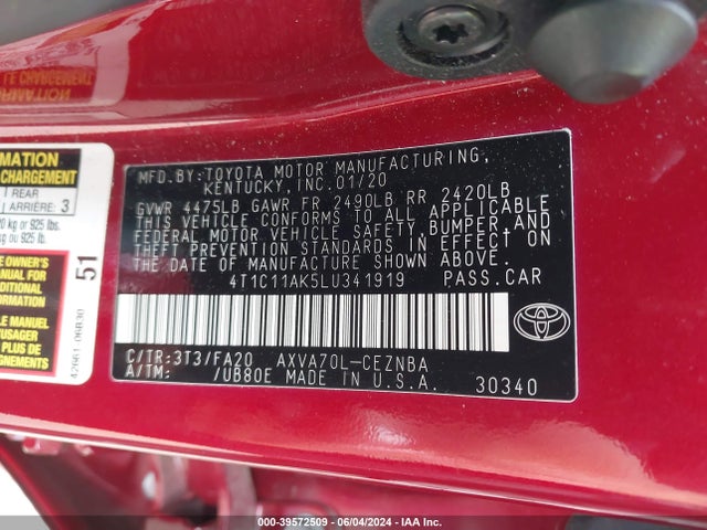 Toyota CAMRY LE 2020 4T1C11AK5LU341919 Image 9